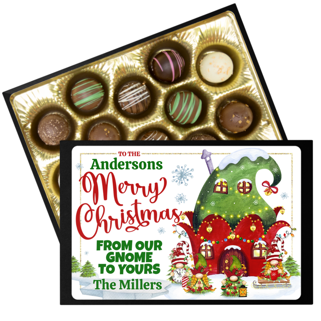 Personalized Merry Christmas Chocolate Box - From Our Gnome Chocolate Gift - Handmade Chocolate Truffles - Chocolate Christmas Gift