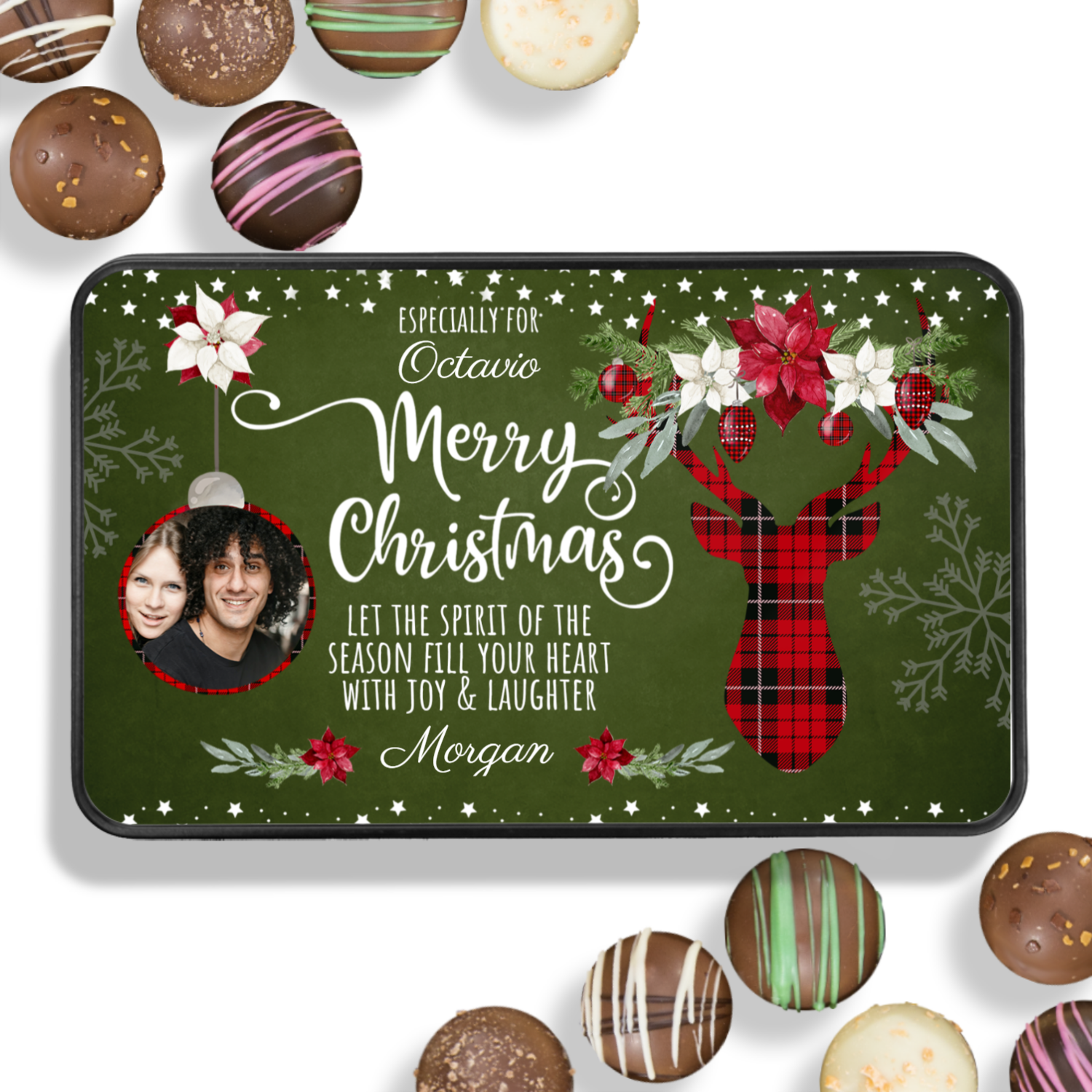 Personalized Plaid Merry Christmas Chocolate Box - Spirit of the Season Gift - Handmade Chocolate Truffles - Chocolate Christmas Gift