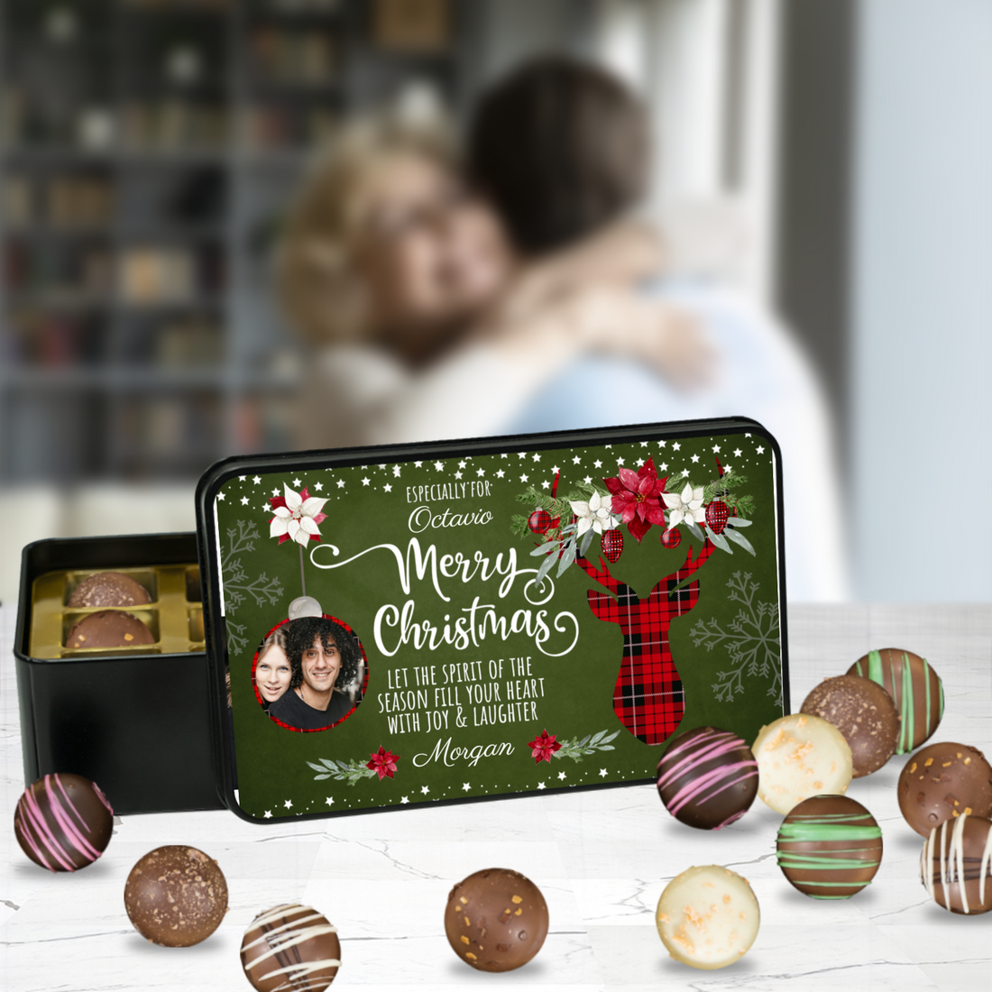 Personalized Plaid Merry Christmas Chocolate Box - Spirit of the Season Gift - Handmade Chocolate Truffles - Chocolate Christmas Gift