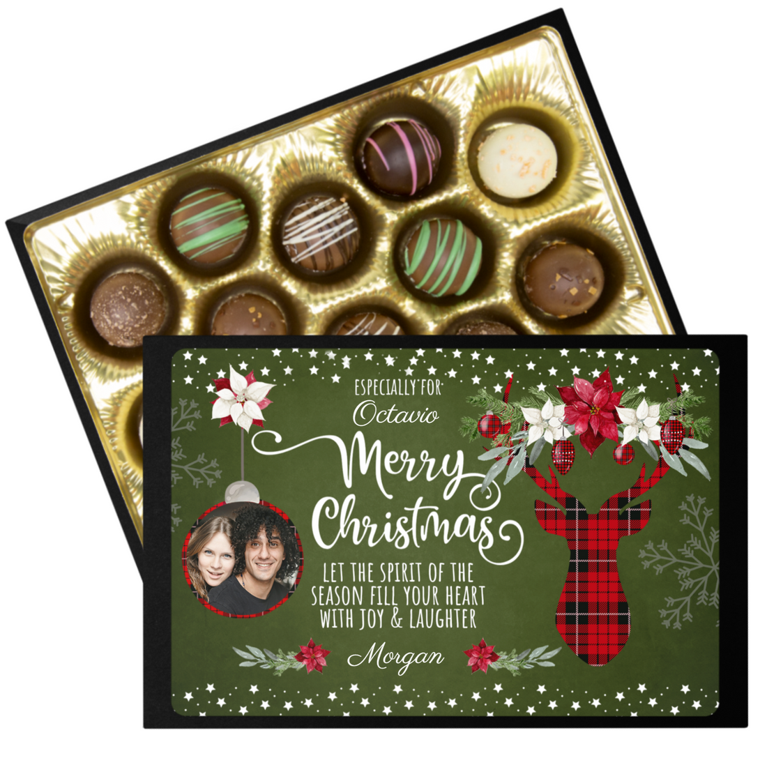 Personalized Plaid Merry Christmas Chocolate Box - Spirit of the Season Gift - Handmade Chocolate Truffles - Chocolate Christmas Gift